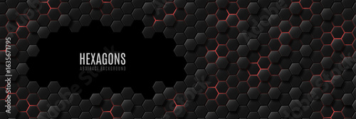 Futuristic glowing 3d black hexagons with red neon highlights. Hi-tech banner design for technology web presentation, digital gaming interfaces or scientific background. Vector illustration.