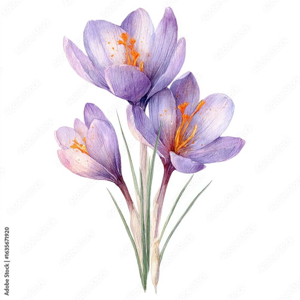 Naklejka premium Watercolor crocus bouquet, light purple blossoms
