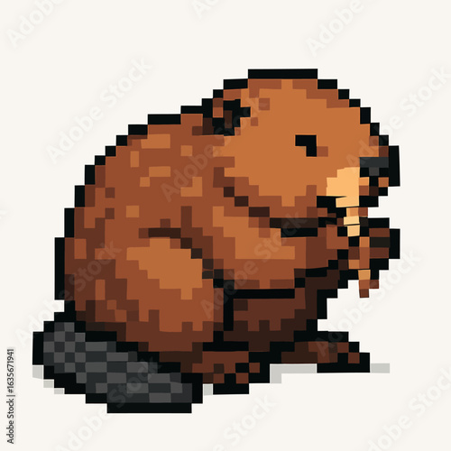 Charming pixel art beaver nibbling on wood, bringing retro gaming vibes to your projects