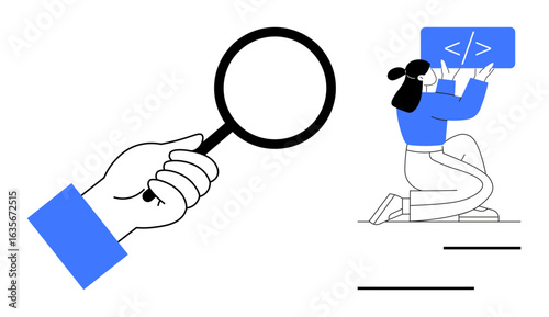 Hand with magnifying glass focuses on coding professional kneeling and fixing a script. Ideal for software development, coding, debugging concepts, problem-solving, analysis, technology, simple