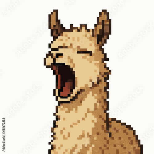 Charming pixel art llama yawning with a wide open mouth, perfect for retro gaming vibes.