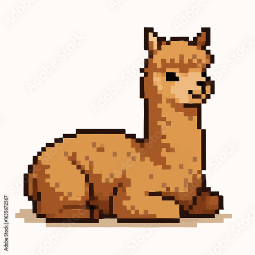 Charming pixel art alpaca resting peacefully, evoking retro gaming nostalgia and gentle charm.