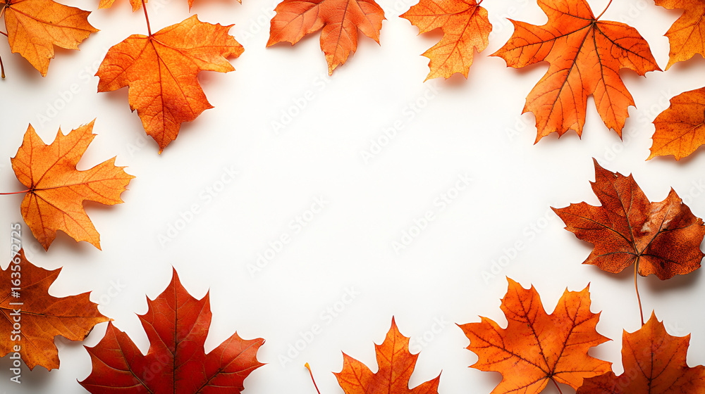 Fototapeta premium A border of vibrant orange and red autumn maple leaves arranged on a clean white background.