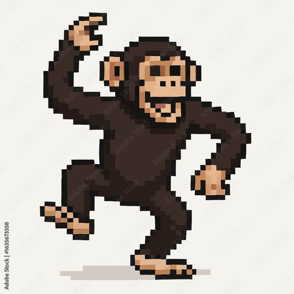 Fototapeta premium Joyful chimpanzee pixel art character enthusiastically dancing with arms raised high
