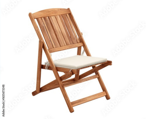 Folding wooden outdoor chair with cream cushion