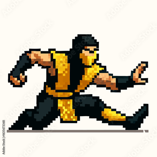 Dynamic pixel art fighter poised for action in vibrant yellow and black attire