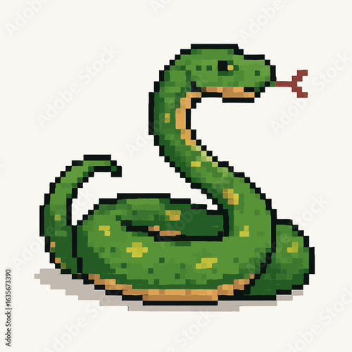 Charming pixel art green snake with tongue flicking, perfect for retro game design and digital art projects.