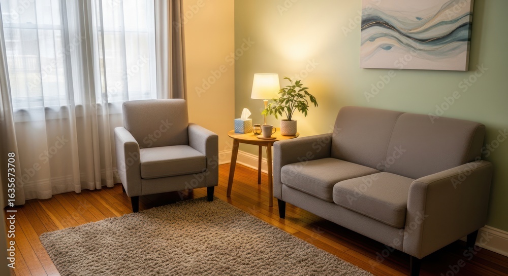 Fototapeta premium Calm interior scene with two armchairs and a painting conveying tranquil emotion