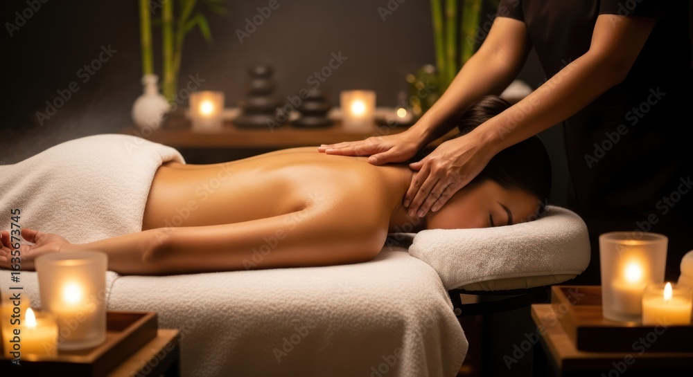 Obraz premium Tranquil spa experience: Woman receiving therapeutic back massage in serene ambiance for wellness