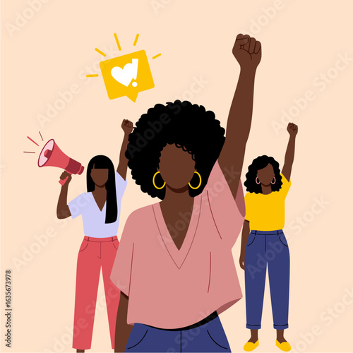 Flat vector of Black women raising fists for women's rights