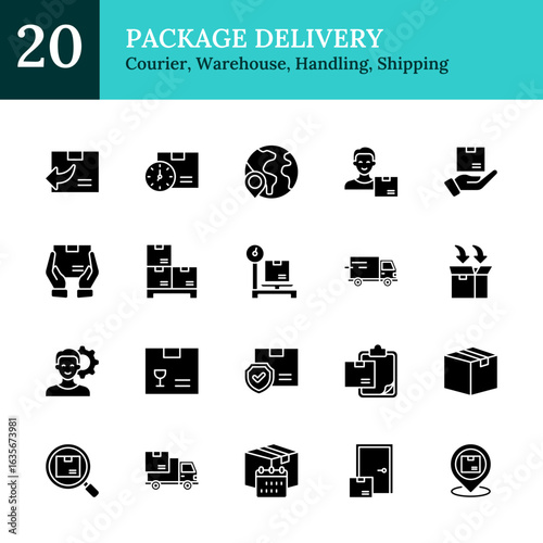 Package Delivery Glyph Black Silhouette Icon Sheet Design Vector - package handling, shipping logistics, global delivery, tracking, fragile goods, return processes, courier service, warehouse storage