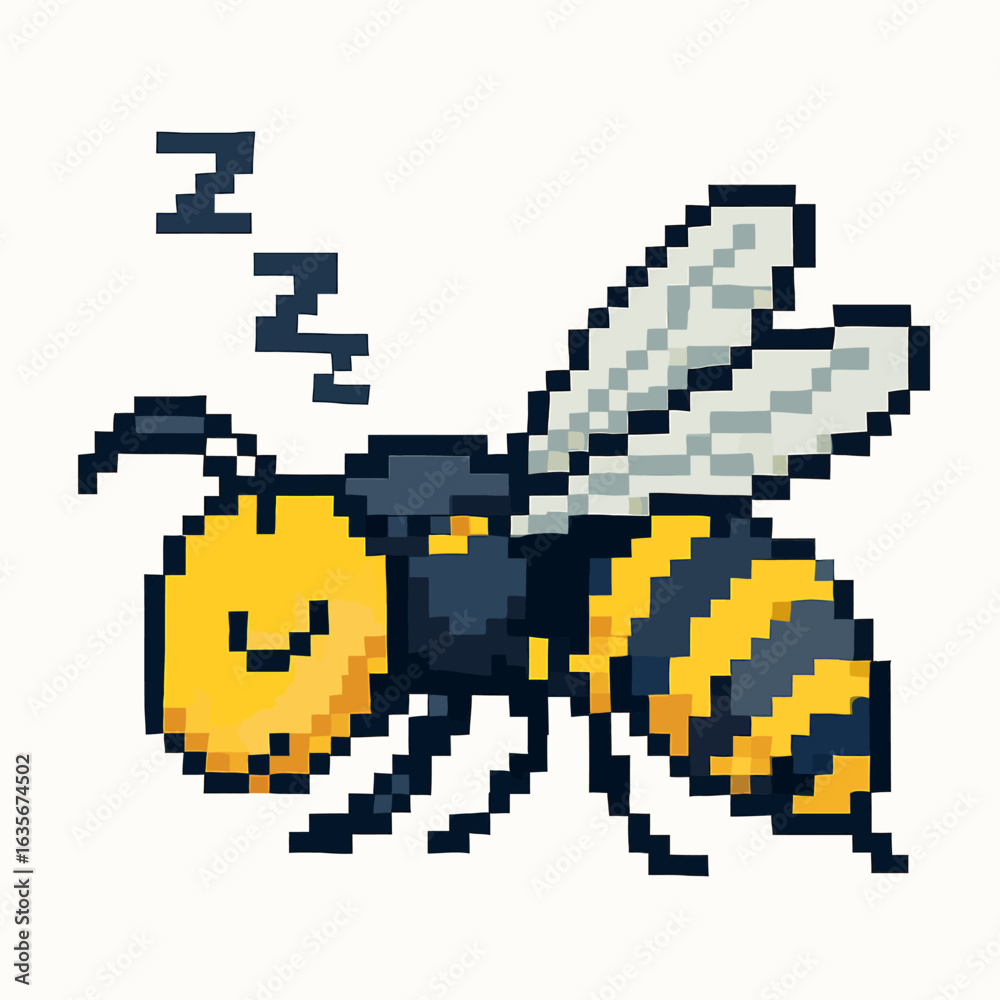 Fototapeta premium Charming pixel art bee peacefully sleeping with cute Zzz symbols floating around