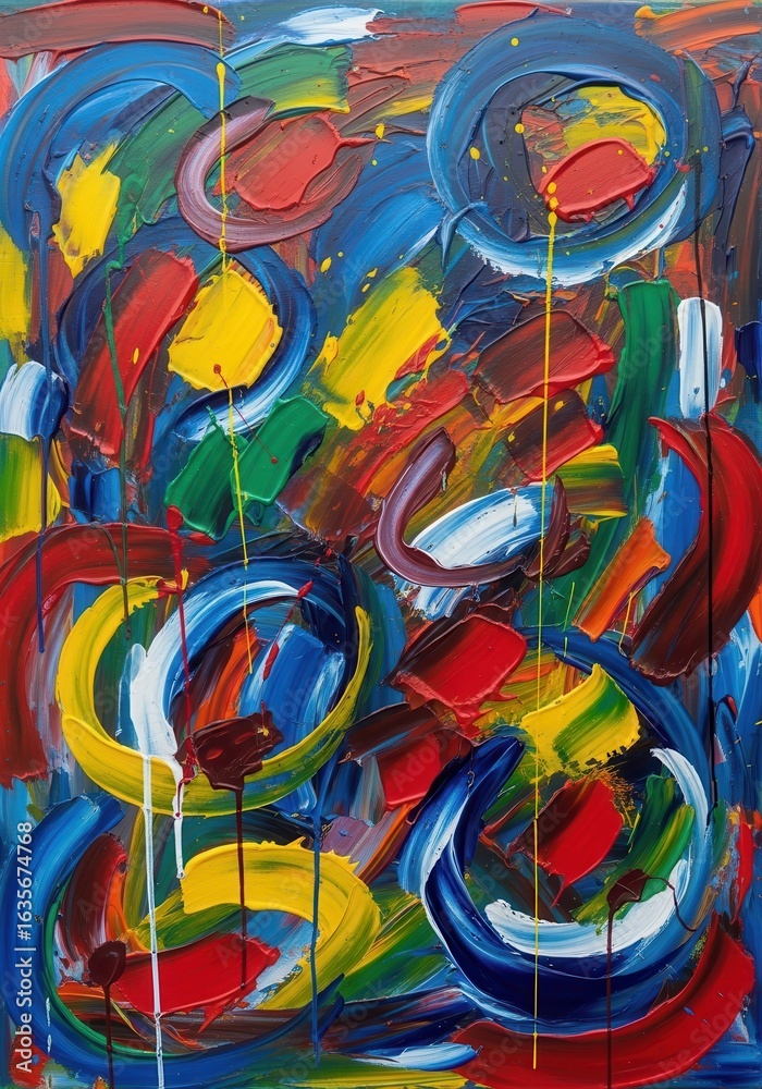 Fototapeta premium Bold Impressionistic Abstract Painting with Circular Motifs and Vivid Palette