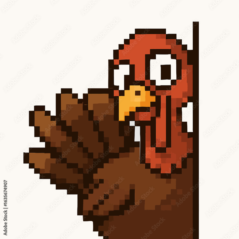 Fototapeta premium Playful pixel art turkey peeking around corner for Thanksgiving fun and festive celebrations