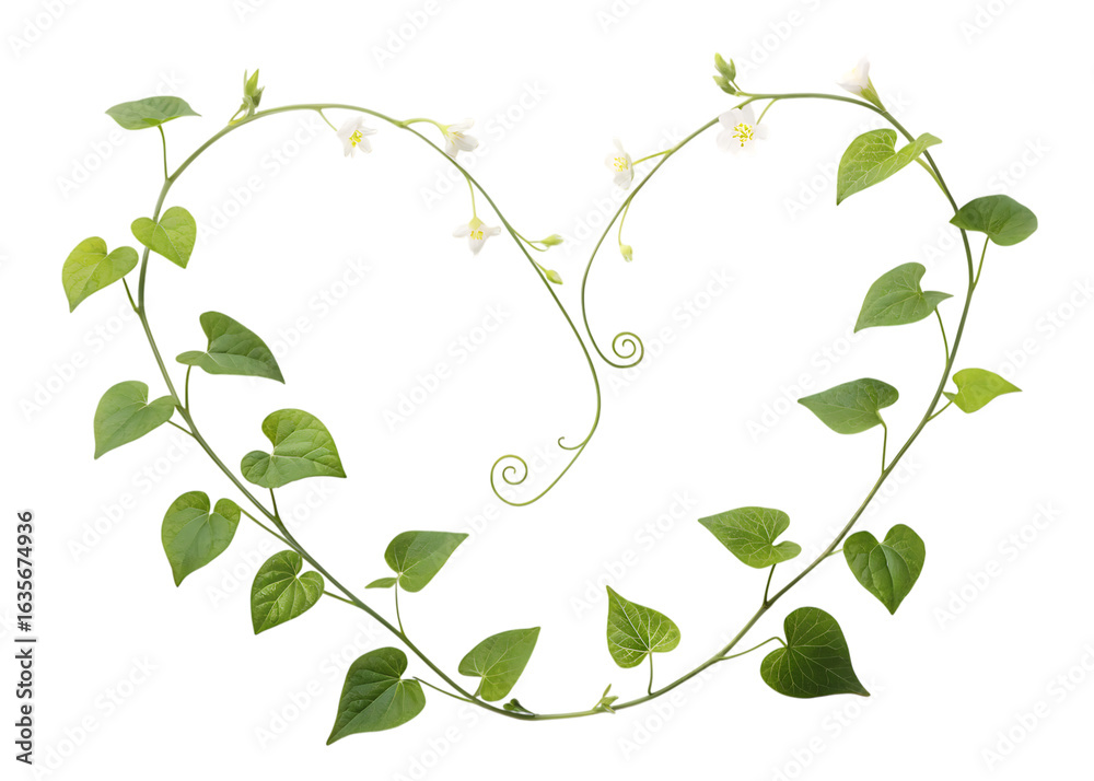 Obraz premium Delicate green vine with small white flowers artfully arranged in a heart shape isolated on transparent background