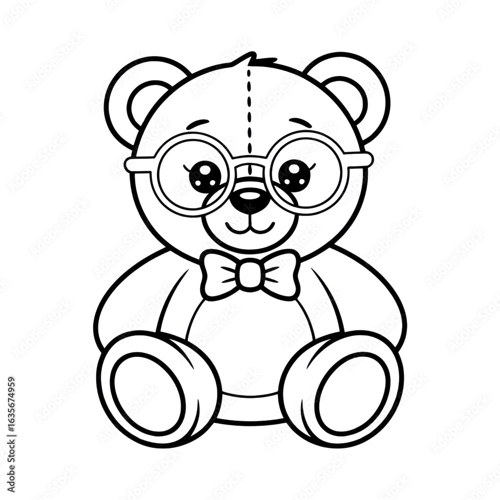 Naklejka premium Adorable Teddy Bear with Glasses and Bow Tie - Line Art Illustration