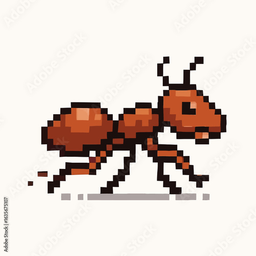 Retro pixel art ant scurrying with determination, evoking vintage gaming and digital design