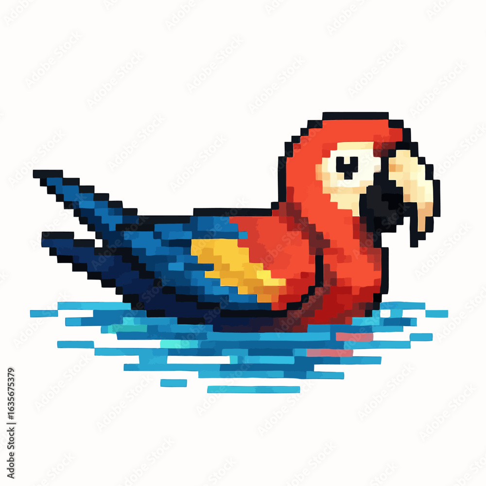 Obraz premium Charming pixel art scarlet macaw swims gracefully through vibrant blue water