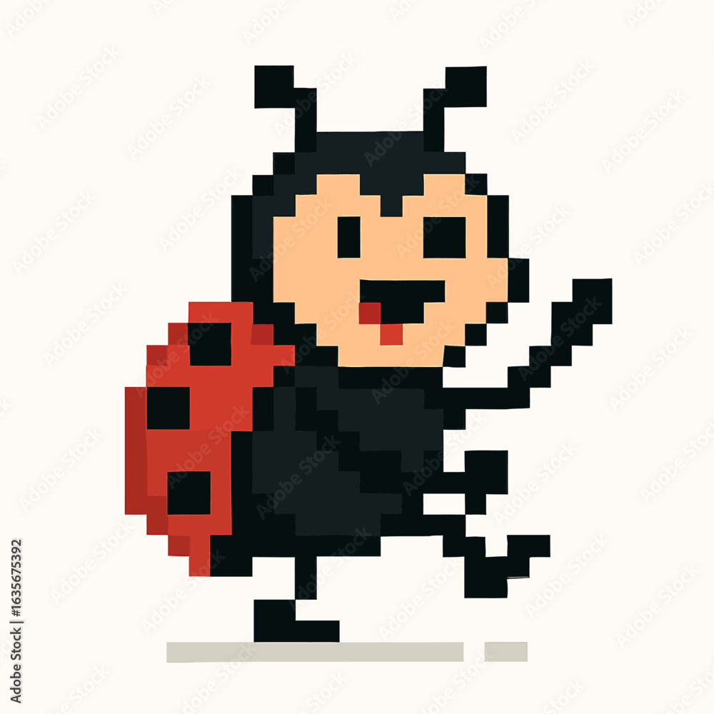 Fototapeta premium Charming pixel art ladybug character waving hello with a happy expression, perfect for retro games.