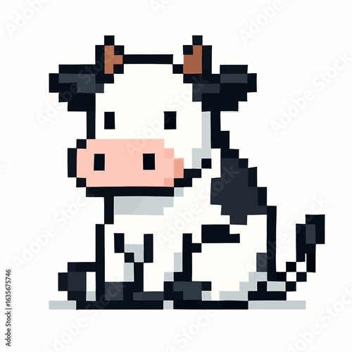 Charming pixel art cow illustration, perfect for playful designs and retro game aesthetics.
