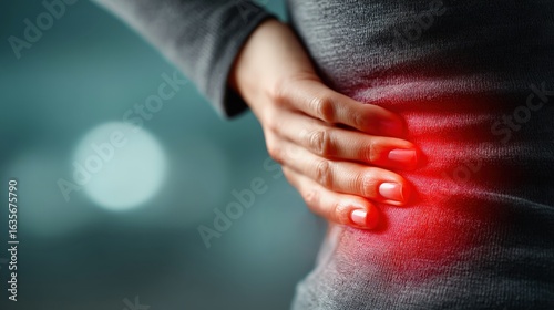 Fingertips press against side revealing intercostal muscle strain with faint redness