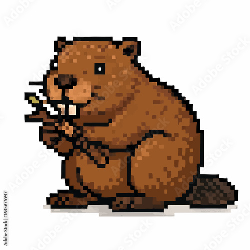 Charming pixel art beaver happily munching on a twig, perfect for retro gaming or nature themes