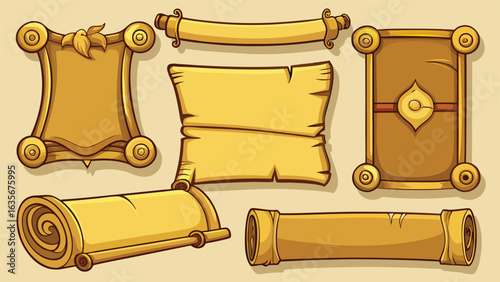 An assortment of scrolls embellished with gold trim, showcasing their detailed craftsmanship and design..eps