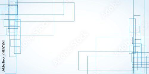 Abstract graphic design with overlapping rectangles and squares in light blue lines on a light gray background.
