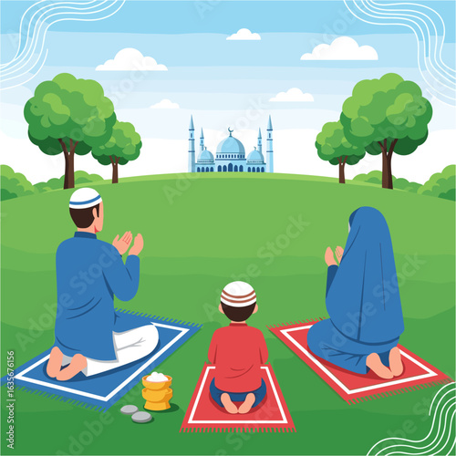 Flat vector of Muslim family praying on mats facing mosque