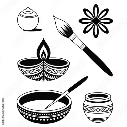 Indian diya lamp-making tools set with clay ball, shaping mold, carving stick, sun tray, color pot, and paint brush illustration