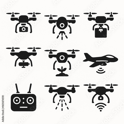 Modern Drone Icons Set – Commercial, Military, Delivery and Agricultural UAVs