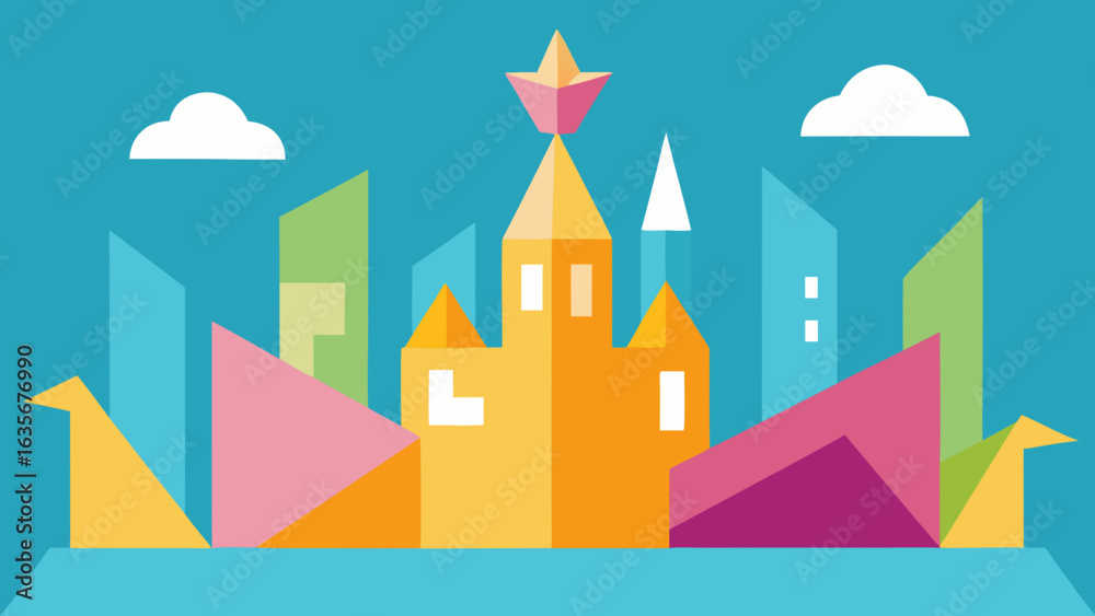 Fototapeta premium birthday origami city with folded decorations