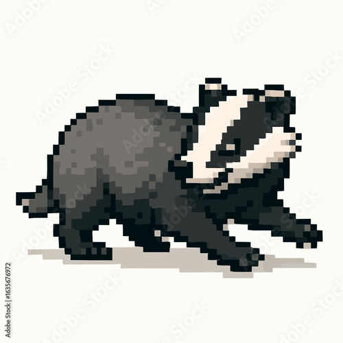 Charming pixel art badger scampers forward with distinctive markings, perfect for retro games or nature designs.