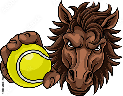 Horse mustang bronco stallion angry tennis sports team mascot holding a ball.