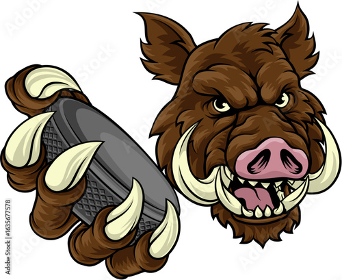 A wild boar, hog razorback warthog pig hockey sports cartoon mascot