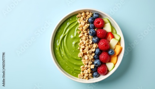 A vibrant green smoothie bowl, brimming with a thick, creamy texture, sits nestled in a pale colored dish