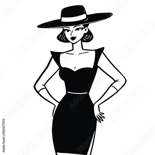 Stylish Vintage Woman in a Black Dress and Hatr Artwork