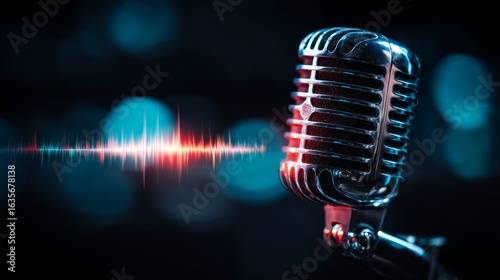Vintage microphone with glowing sound wave symbolizing voice technology, set against dark background with copy space. Concept of audio innovation and communication.