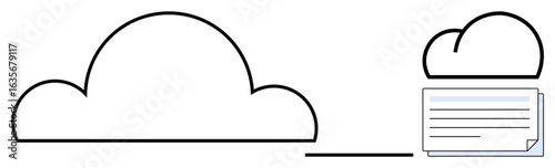 Two clouds with digital file transfer, representing online document storage, cloud computing, and data accessibility. Ideal for data sharing, file management, technology, innovation, communication