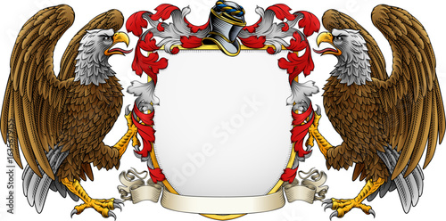 Eagles coat of arms or crest family heraldry medieval heraldic knight shield with helmet and acanthus filigree scroll ornament in a vintage woodcut style.