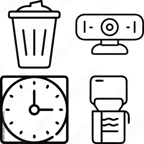 A collection of four simple line art icons representing common office items: a trash can, a webcam, a clock, and a water cooler.