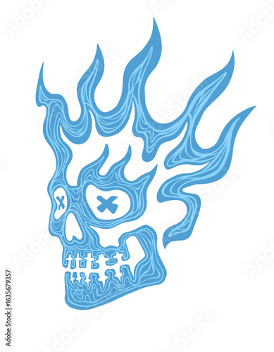 Blue Flame Skull Trippy Line Art – Psychedelic Skull Design for Streetwear & Stickers
