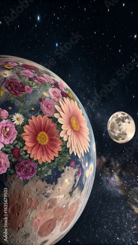 Earth covered in flowers orbiting the moon in outer space