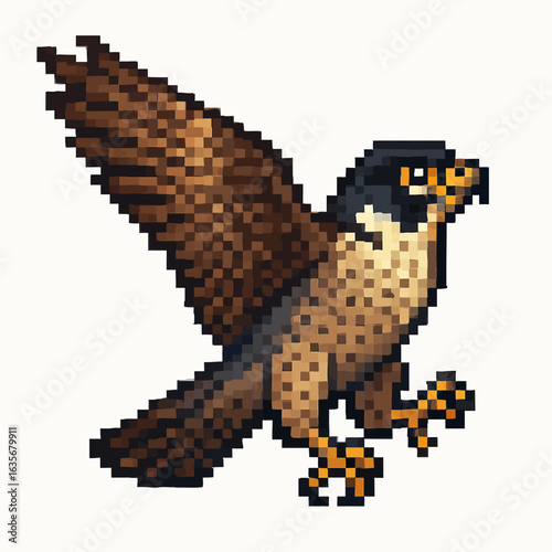 Dynamic pixel art of a soaring falcon with outstretched wings, capturing freedom and power.