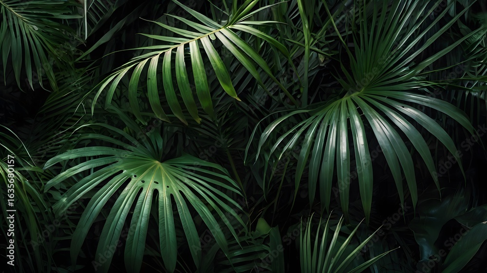 Fototapeta premium Tropical lush green palm leaves close-up, a vibrant and dense foliage backdrop, creating a feeling of exotic jungle serenity and natural beauty