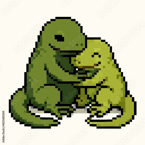 Pixelated green dinosaurs hugging, a heartwarming display of love and friendship, adorable art