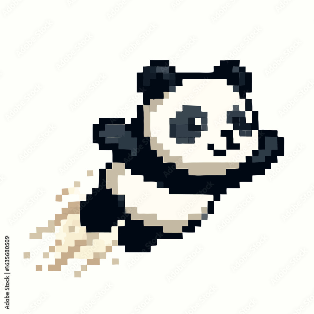 Dynamic pixel art panda soaring through the air with energetic motion and playful charm Dynamic pixel art panda soaring through the air with energetic motion and playful charm