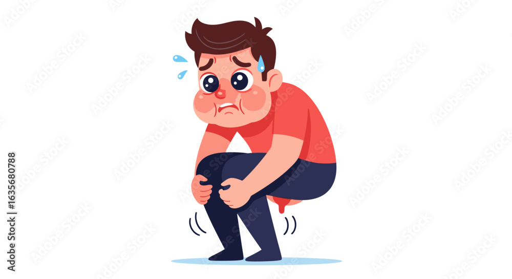 Struggling man sweating profusely, feeling ill and dizzy, clutching knees in discomfort Struggling man sweating profusely, feeling ill and dizzy, clutching knees in discomfort