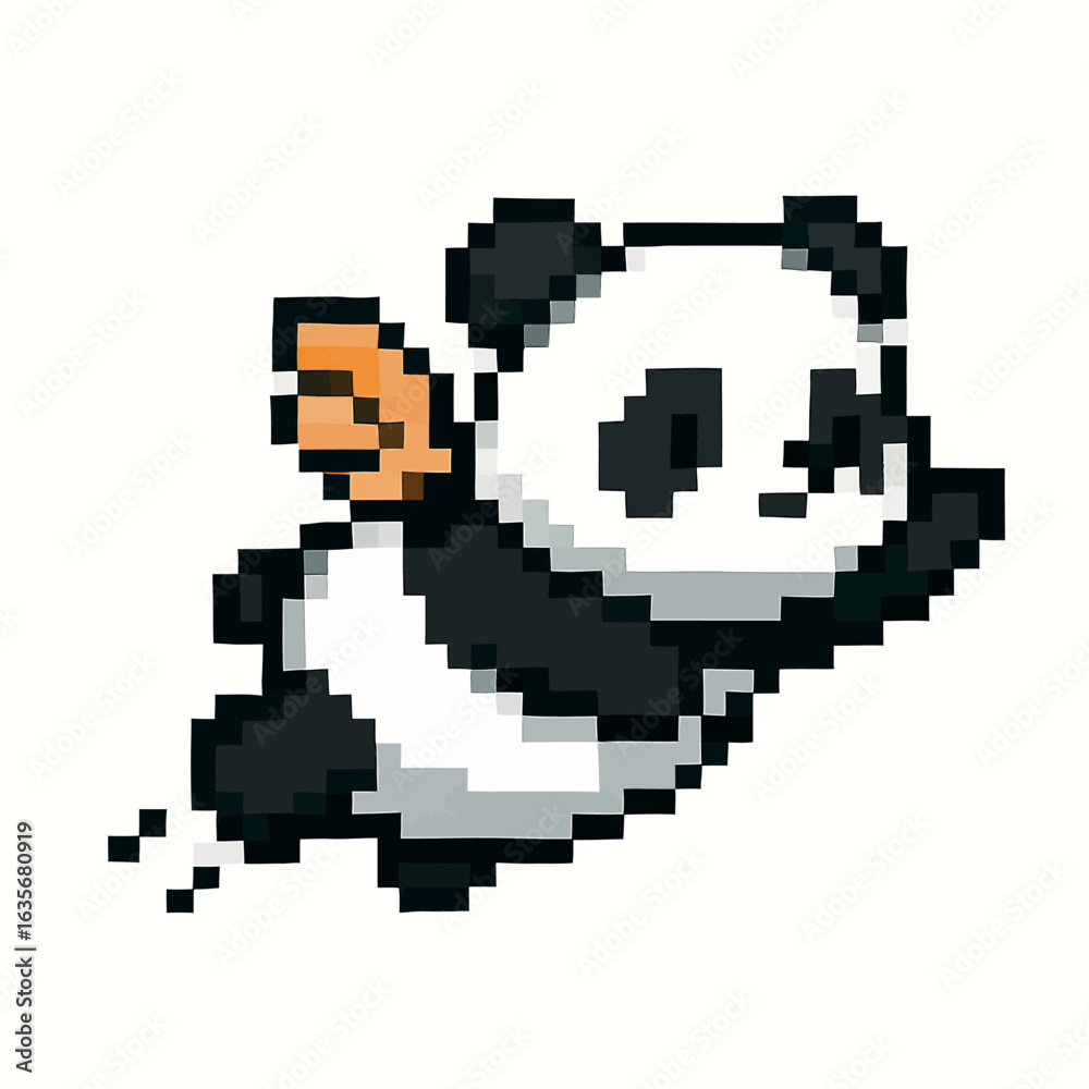 Pixelated panda soaring through the air with a determined expression for games and fun Pixelated panda soaring through the air with a determined expression for games and fun