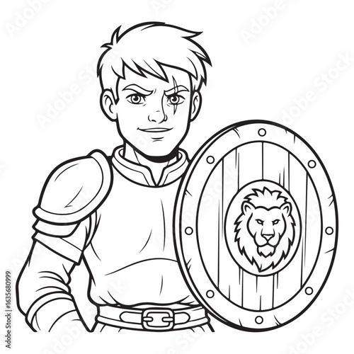 Cartoon knight with lion shield outline drawing vector